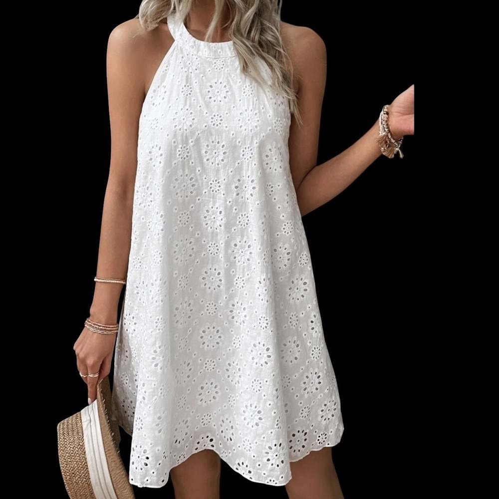 White Eyelet Halter Mini Dress A Line S Bridal NWOT Cottagecore Boho Graduation